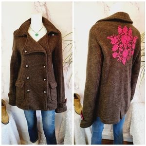 Free People lambswool fully lined pea coat with embroidery